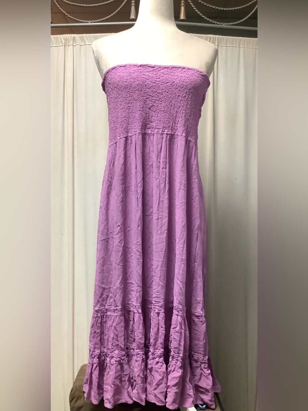 Ghost London Lavender Lightweight Ruffle Strapless Smocked Dress